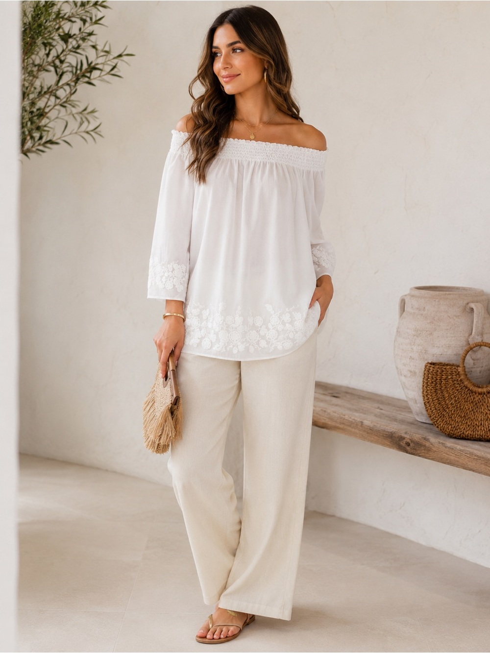 Zara Off-Shoulder Cotton Embroidered White Blouse